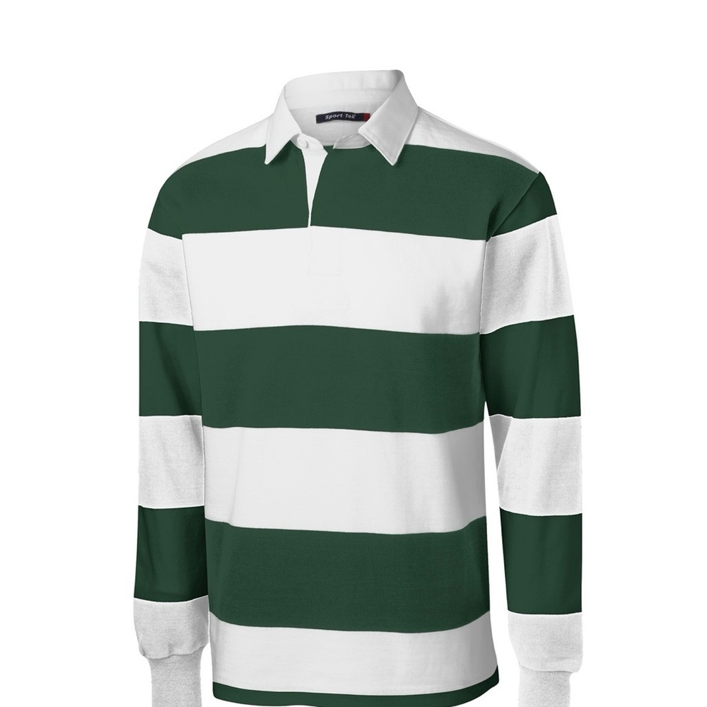 Green and White Striped Men's Rugby Shirt